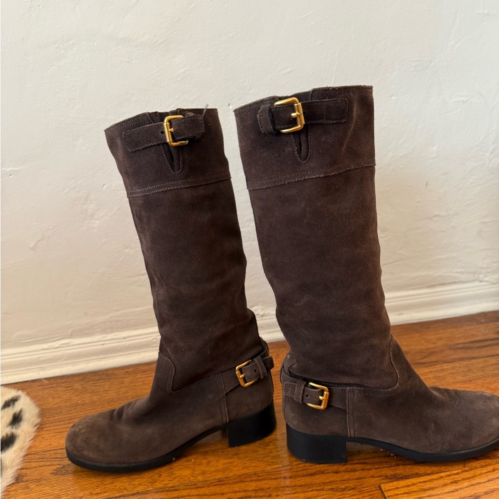 Brown Suede Knee-High Boots with Buckle